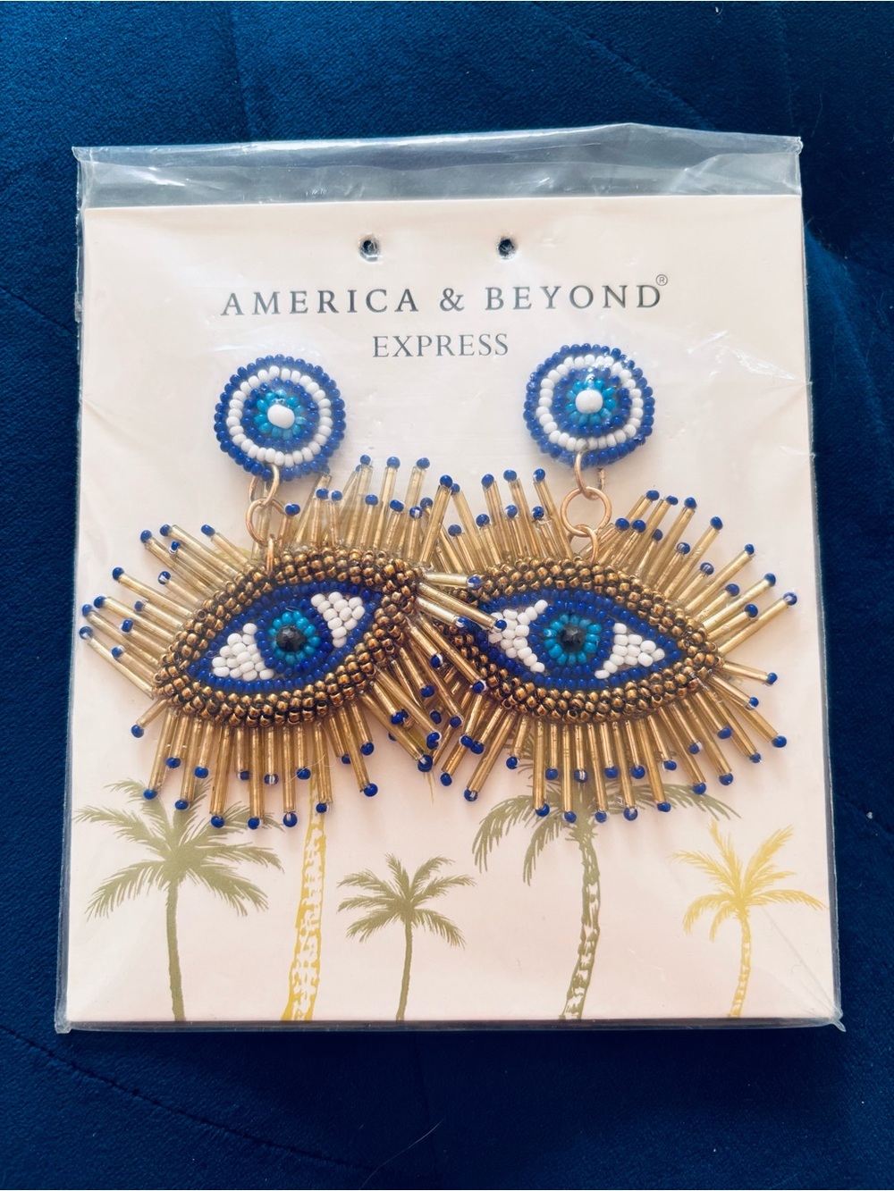 Blue Beaded Evil Eye Drop Earrings